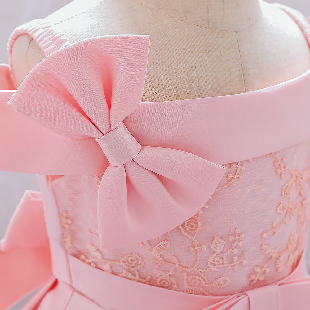 Princess Tea-Length Satin Flower Girl Dress with Lace and Bows