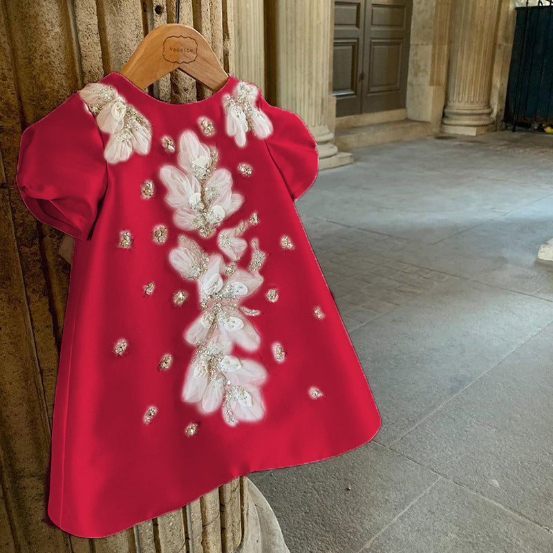 Princess Tea-Length Satin Flower Girl Dress with Puff Sleeves
