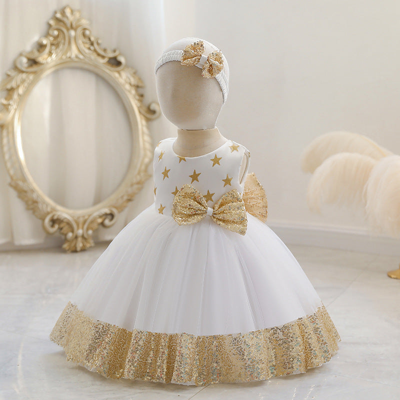 Princess Tea-Length Tulle Flower Girl Dress with Sequins and Bow