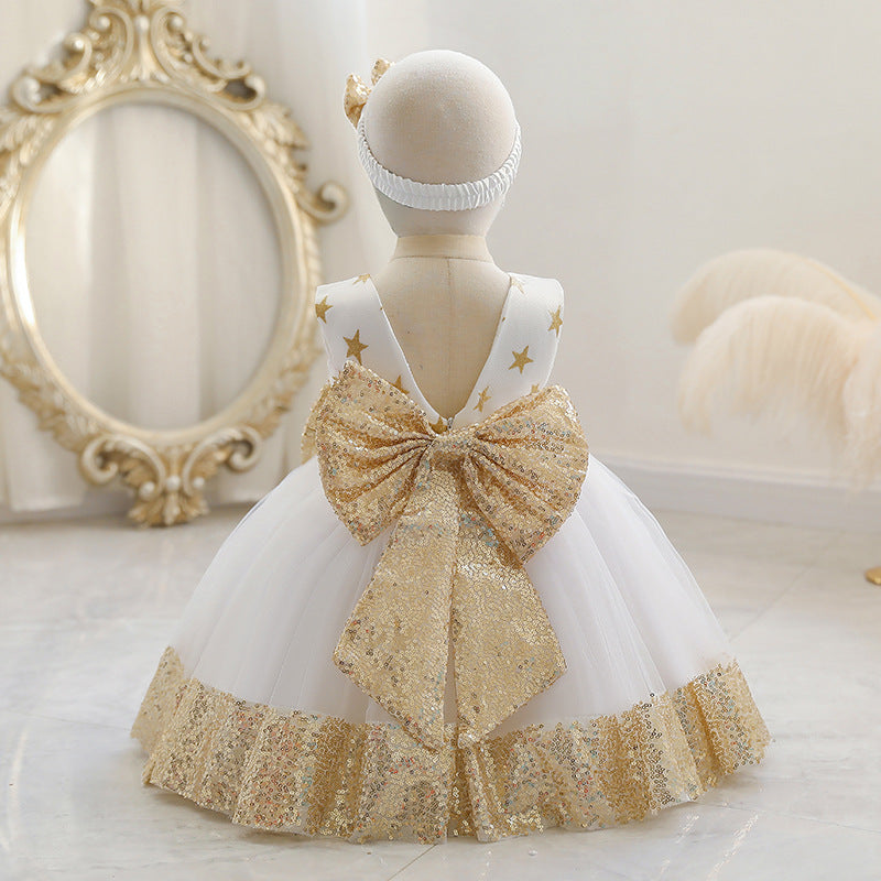 Princess Tea-Length Tulle Flower Girl Dress with Sequins and Bow