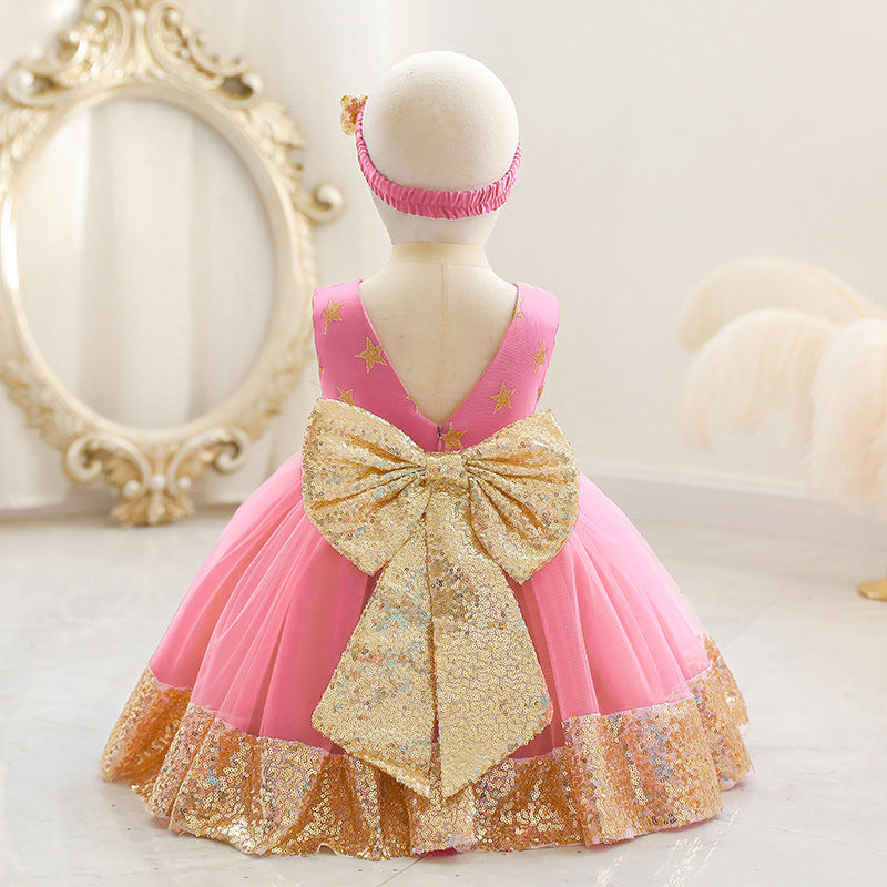 Princess Tea-Length Tulle Flower Girl Dress with Sequins and Bow