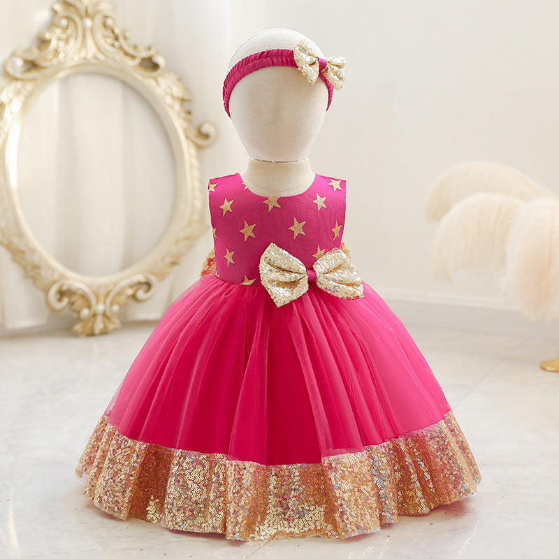 Princess Tea-Length Tulle Flower Girl Dress with Sequins and Bow