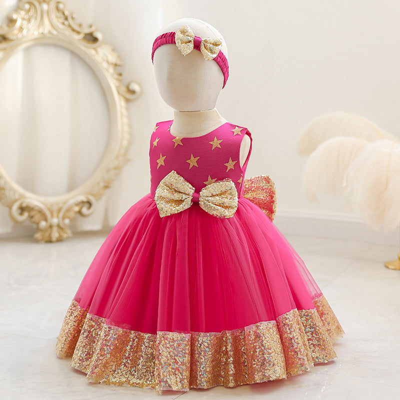 Princess Tea-Length Tulle Flower Girl Dress with Sequins and Bow