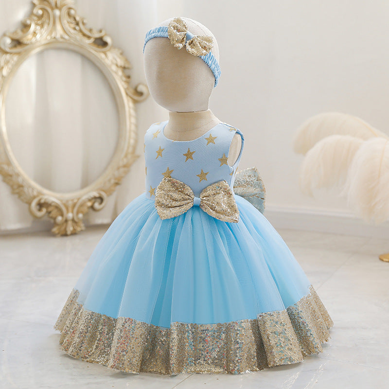 Princess Tea-Length Tulle Flower Girl Dress with Sequins and Bow