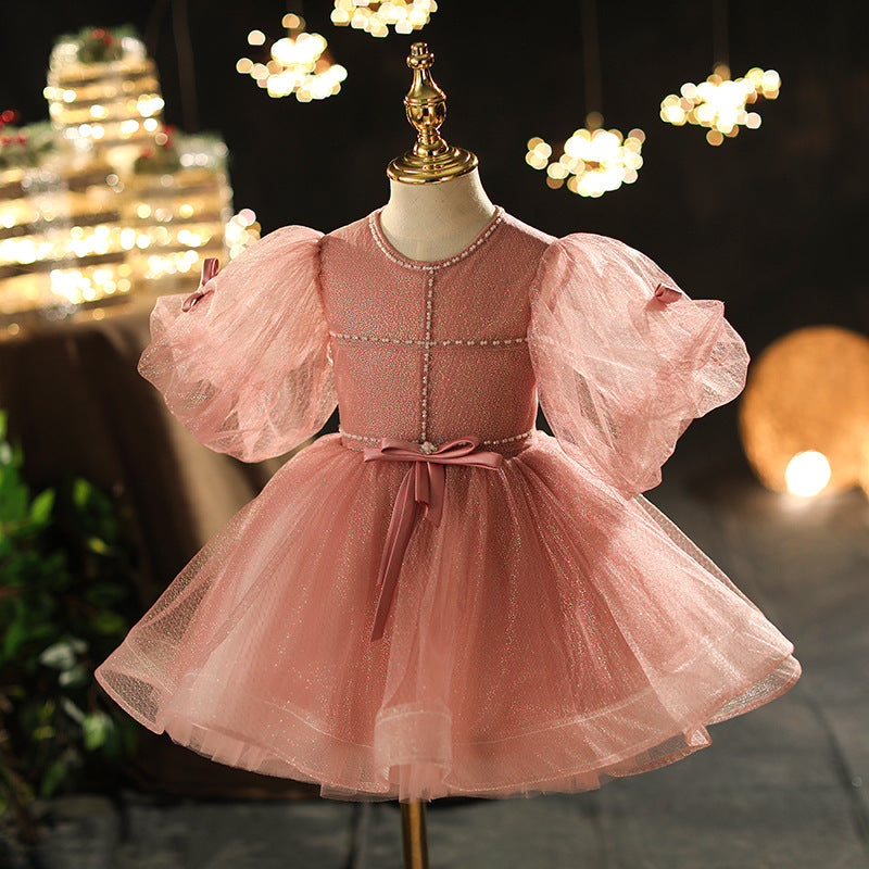 Princess Tulle Flower Girl Dress with Puff Sleeves & Bow