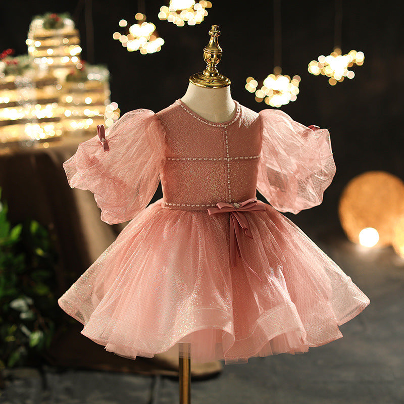 Princess Tulle Flower Girl Dress with Puff Sleeves & Bow