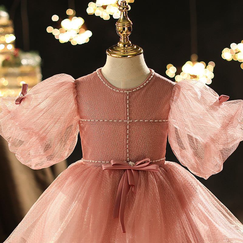 Princess Tulle Flower Girl Dress with Puff Sleeves & Bow