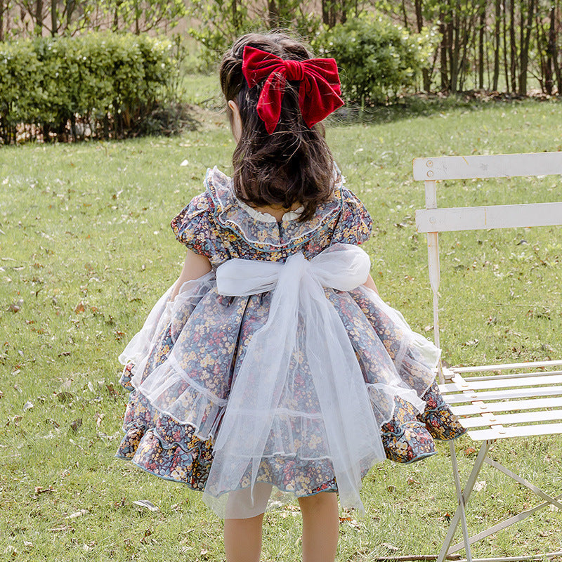 Princess Tulle Flower Girl Dress with Puff Sleeves and Ruffles