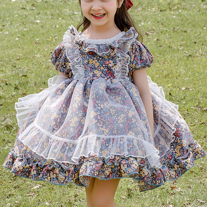 Princess Tulle Flower Girl Dress with Puff Sleeves and Ruffles