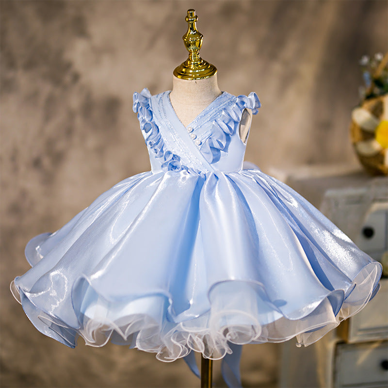 Princess V-Neck Organza Flower Girl Dress with Ruffles