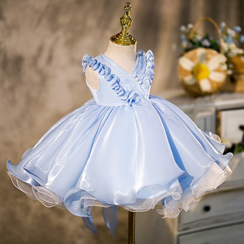 Princess V-Neck Organza Flower Girl Dress with Ruffles