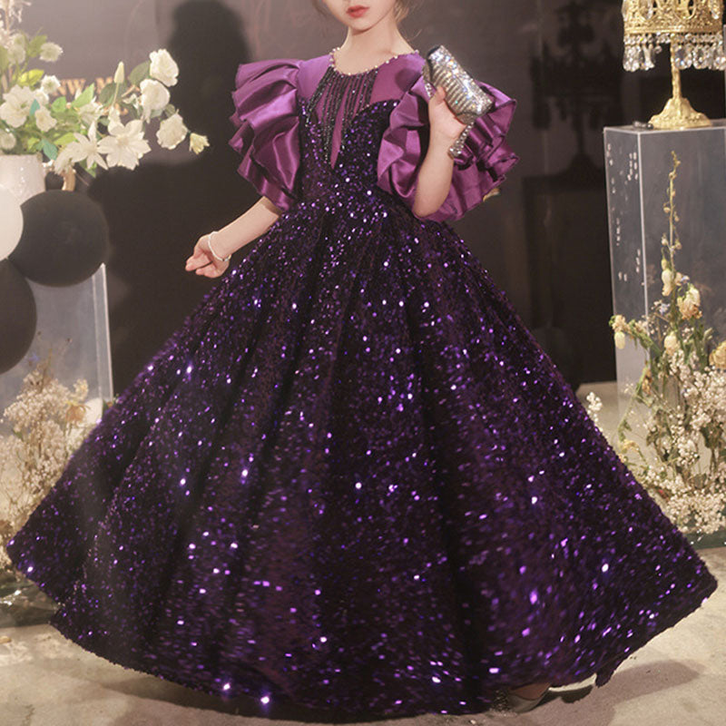 Purple Princess Sequin Floor-Length Dress for Girls, Perfect for Special Occasions