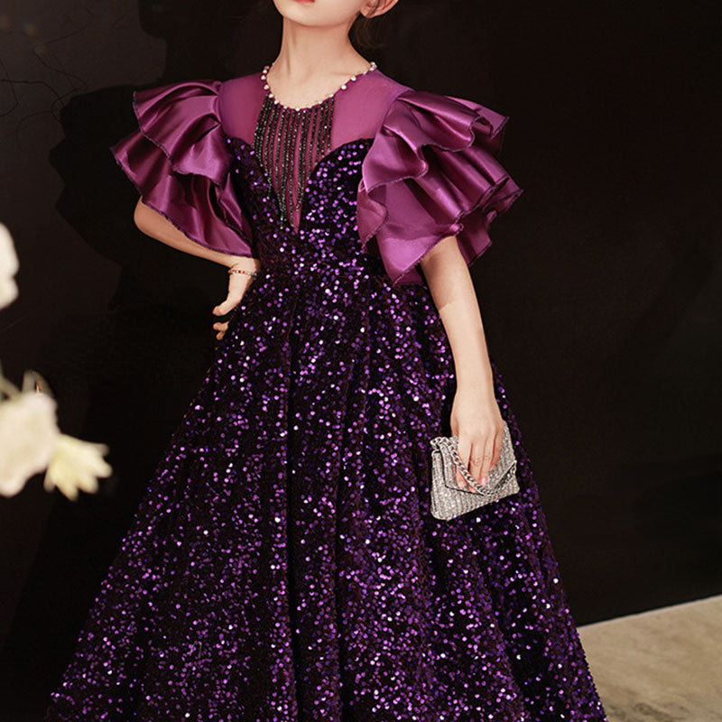 Purple Princess Sequin Floor-Length Dress for Girls, Perfect for Special Occasions