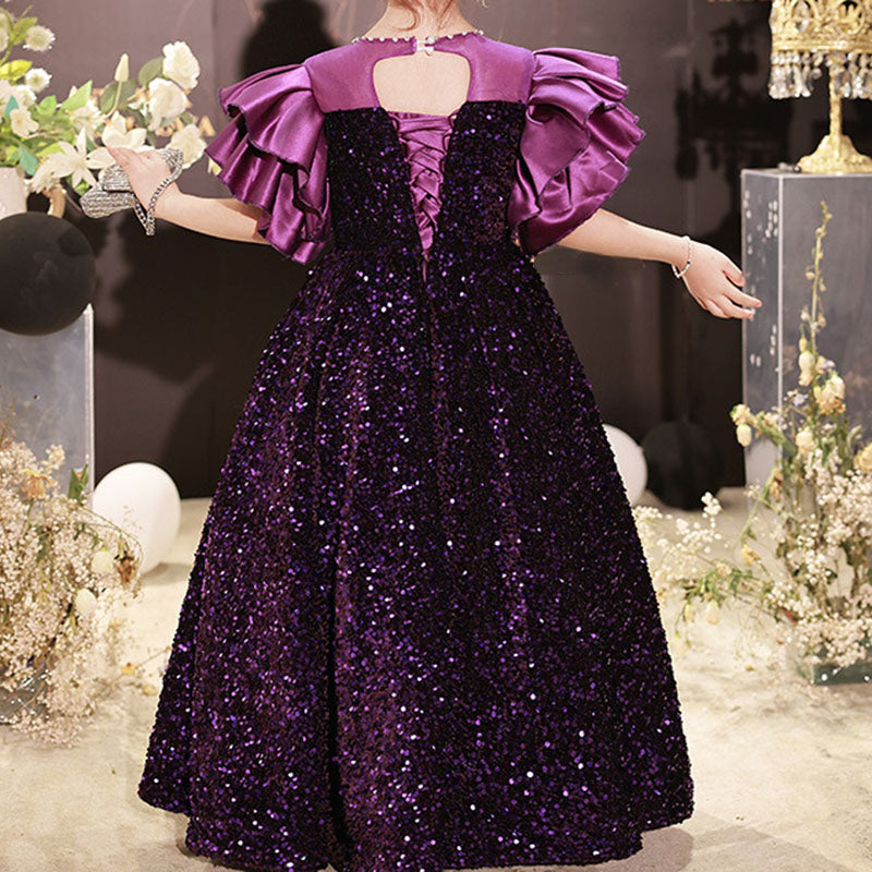 Purple Princess Sequin Floor-Length Dress for Girls, Perfect for Special Occasions