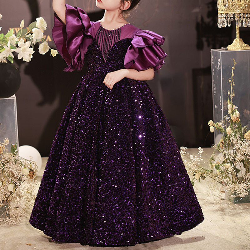 Purple Princess Sequin Floor-Length Dress for Girls, Perfect for Special Occasions