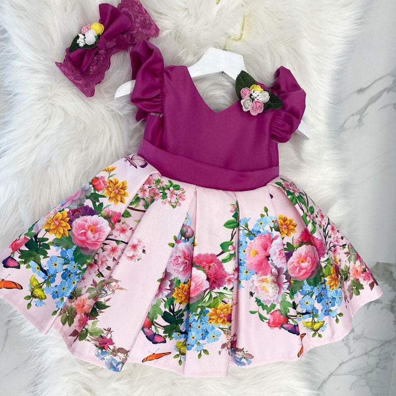 Purple Princess Tea-Length Satin Flower Girl Dress with Flowers