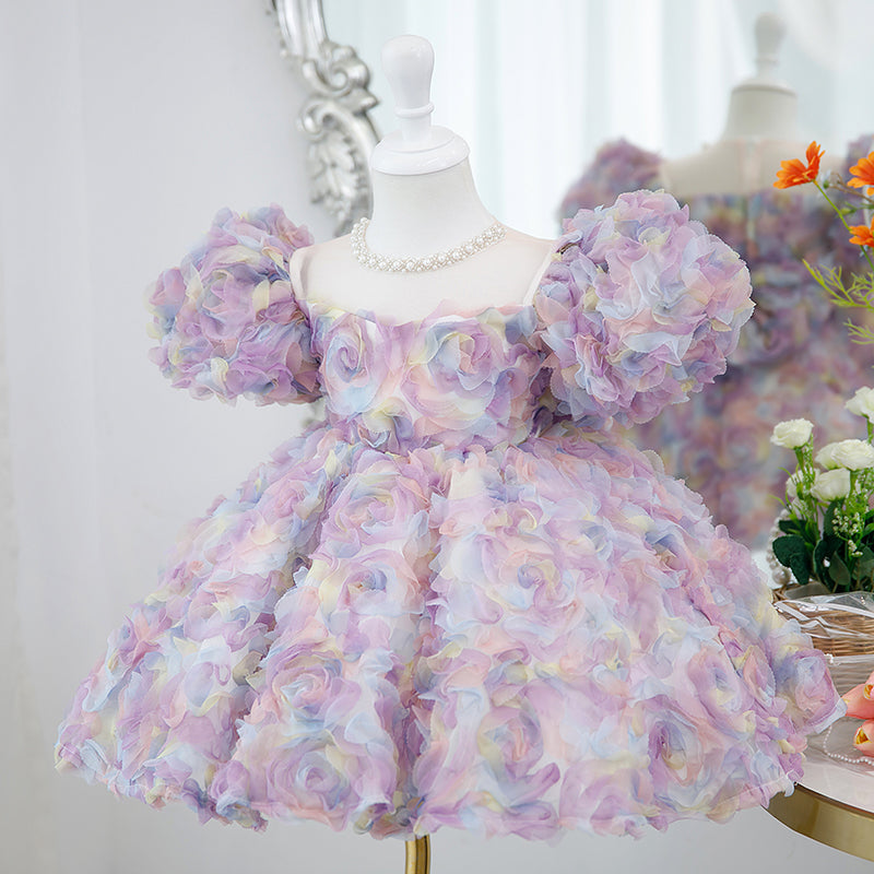 Purple Princess Tulle Dress with Floral Beading for Girls – Short Sleeve, Knee Length, Special Occasion