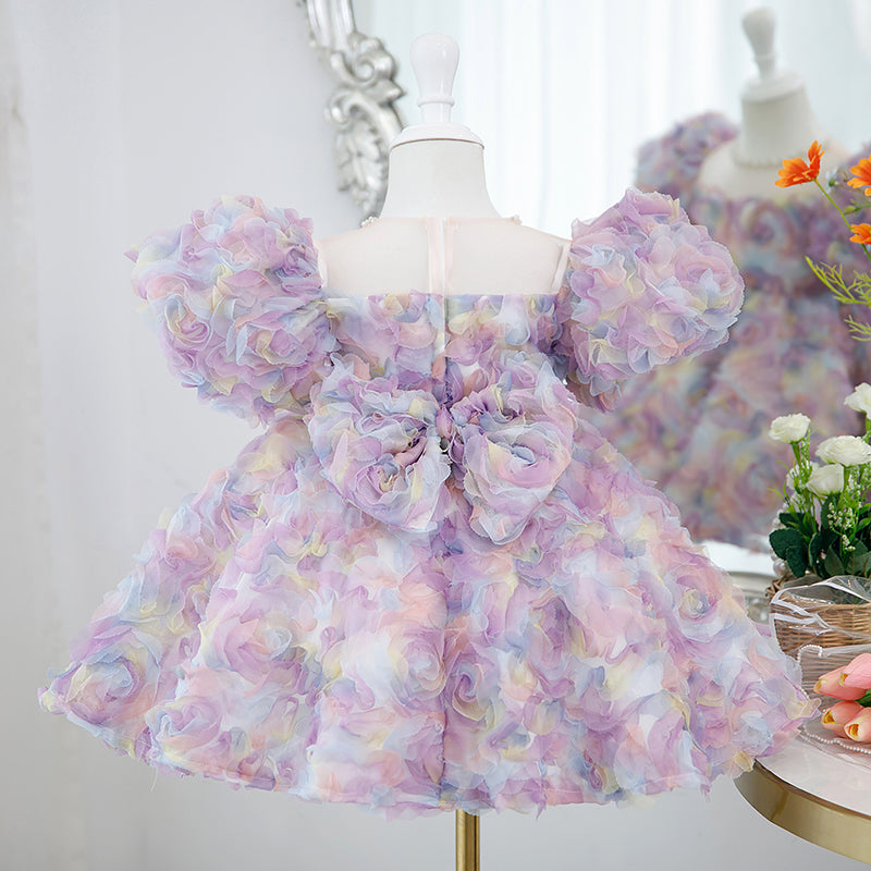 Purple Princess Tulle Dress with Floral Beading for Girls – Short Sleeve, Knee Length, Special Occasion