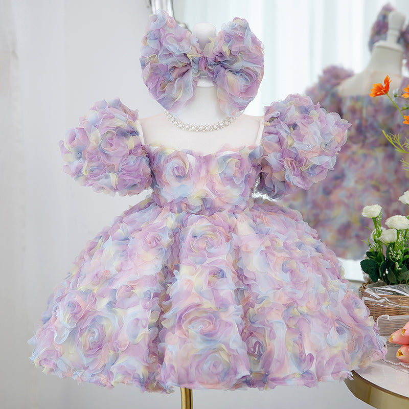 Purple Princess Tulle Dress with Floral Beading for Girls – Short Sleeve, Knee Length, Special Occasion