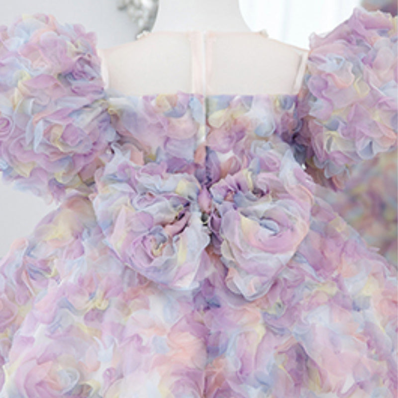 Purple Princess Tulle Dress with Floral Beading for Girls – Short Sleeve, Knee Length, Special Occasion