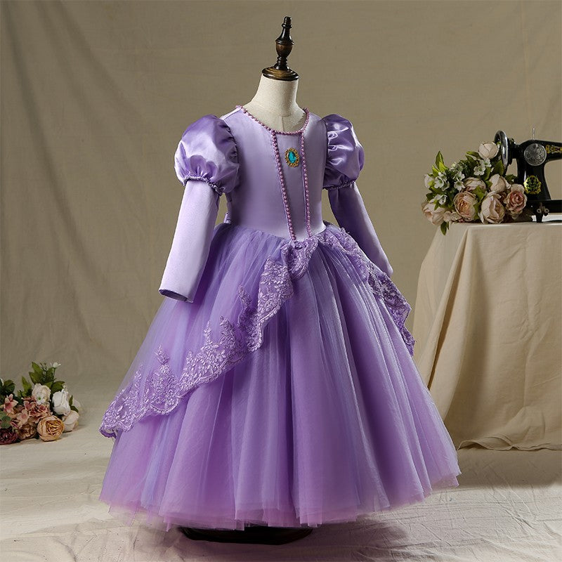 Purple Satin Tulle A-Line Flower Girl Dress Lace Beaded