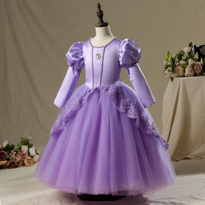 Purple Satin Tulle A-Line Flower Girl Dress Lace Beaded