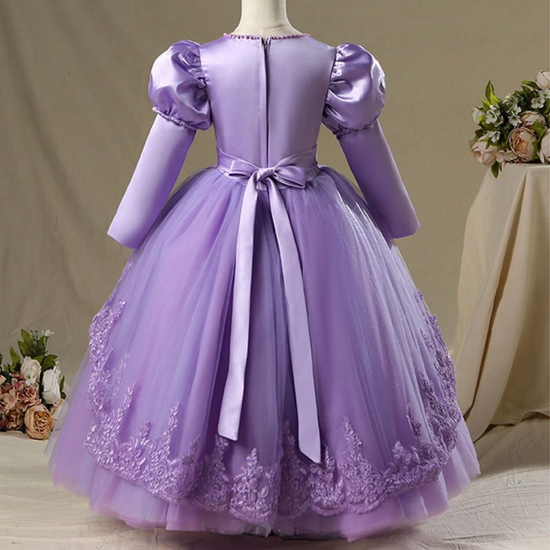 Purple Satin Tulle A-Line Flower Girl Dress Lace Beaded