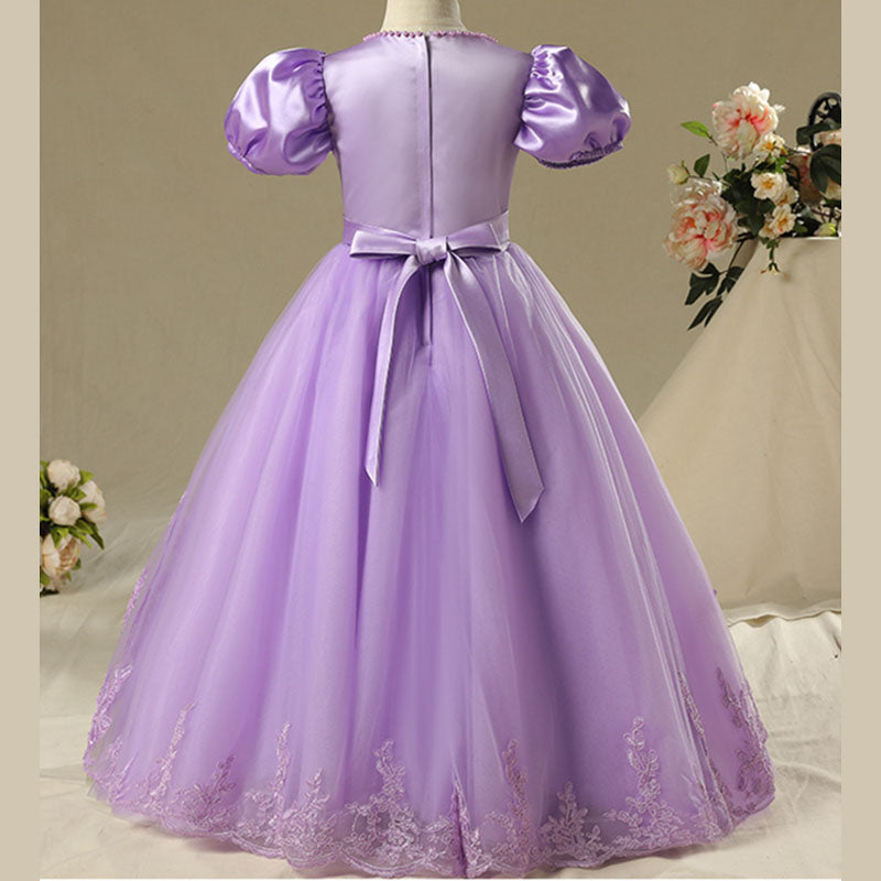 Purple Satin Tulle A-Line Flower Girl Dress Lace Beaded