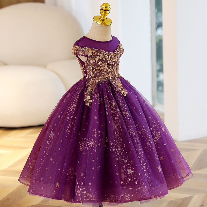 Purple Sequin & Organza A-Line Flower Girl Dress