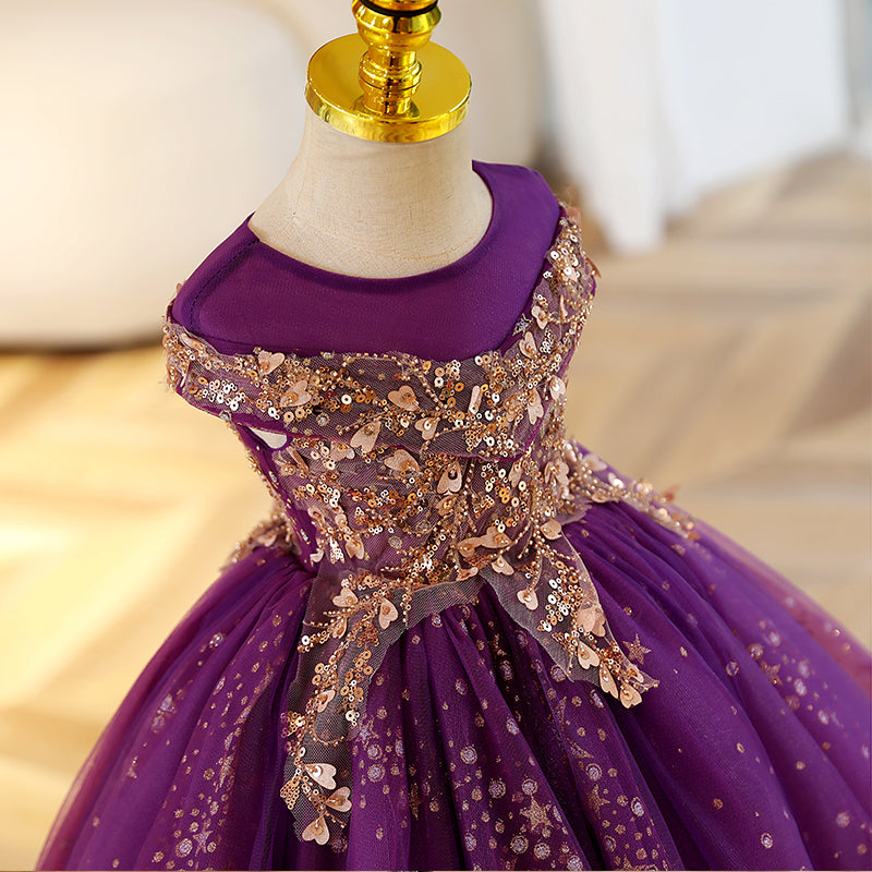 Purple Sequin & Organza A-Line Flower Girl Dress