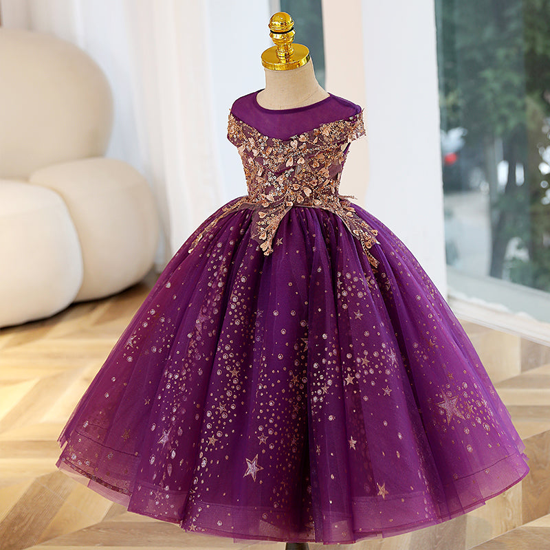 Purple Sequin & Organza A-Line Flower Girl Dress