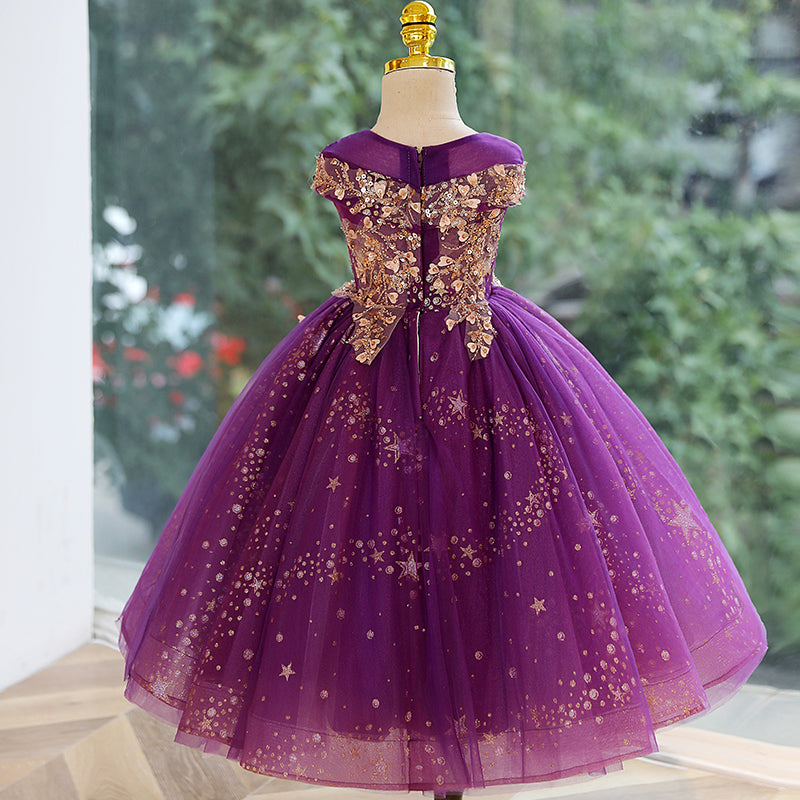 Purple Sequin & Organza A-Line Flower Girl Dress