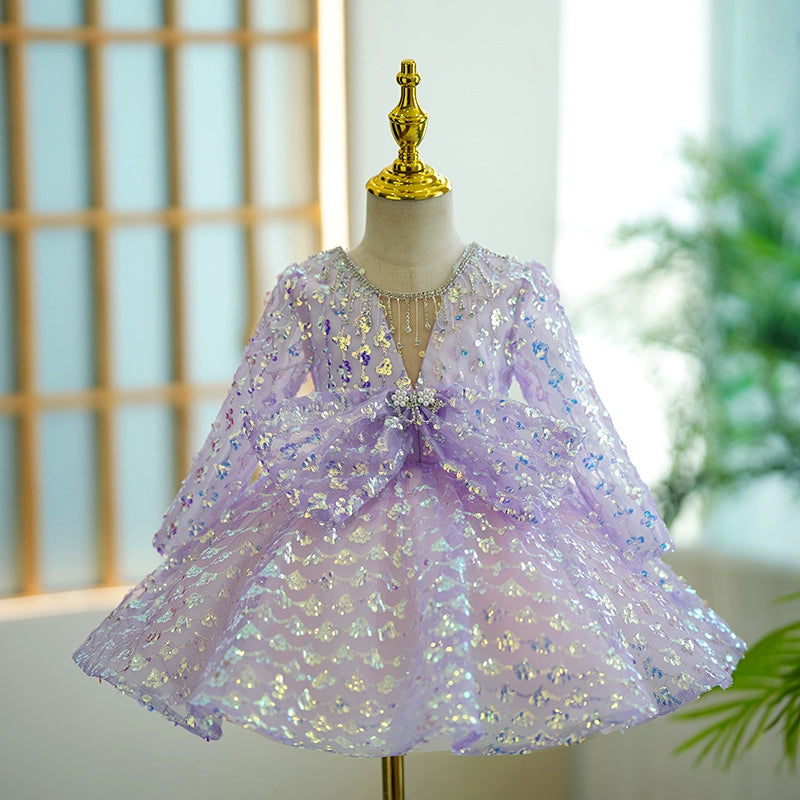 Purple Sequin A-Line Long Sleeve Bow Dress for Girls – Special Occasion Party Outfit