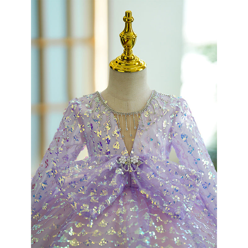 Purple Sequin A-Line Long Sleeve Bow Dress for Girls – Special Occasion Party Outfit