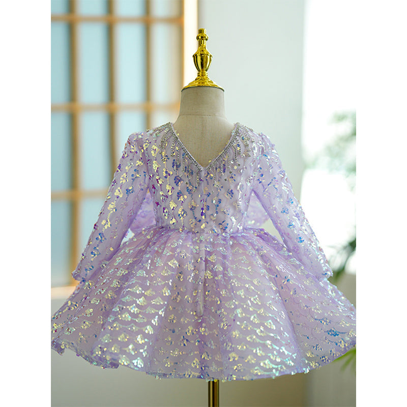 Purple Sequin A-Line Long Sleeve Bow Dress for Girls – Special Occasion Party Outfit