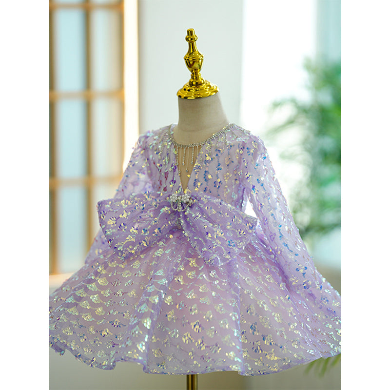 Purple Sequin A-Line Long Sleeve Bow Dress for Girls – Special Occasion Party Outfit