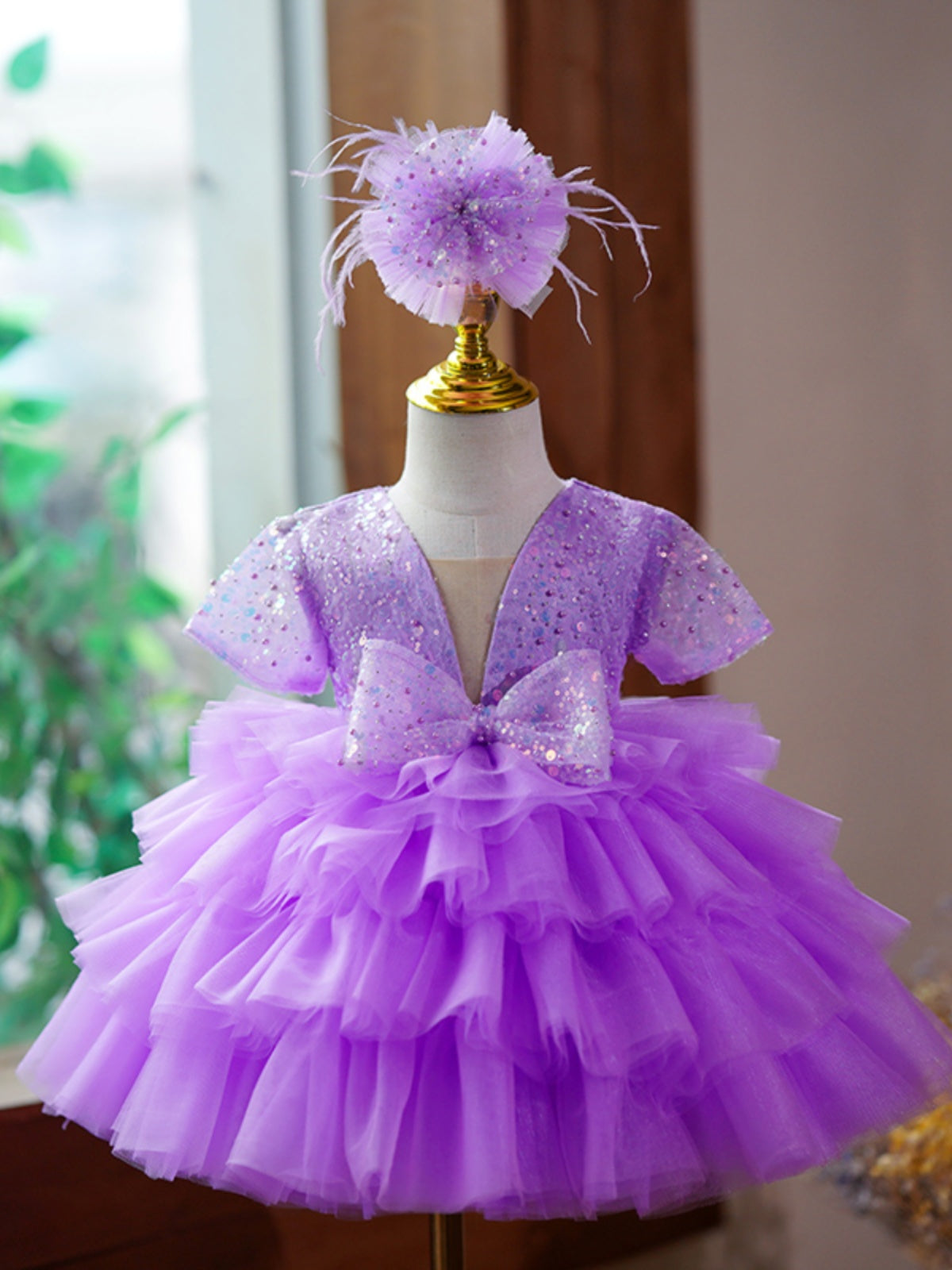 Purple Sequin Princess Dress for Girls – Knee-Length Fluffy Birthday Party Outfit