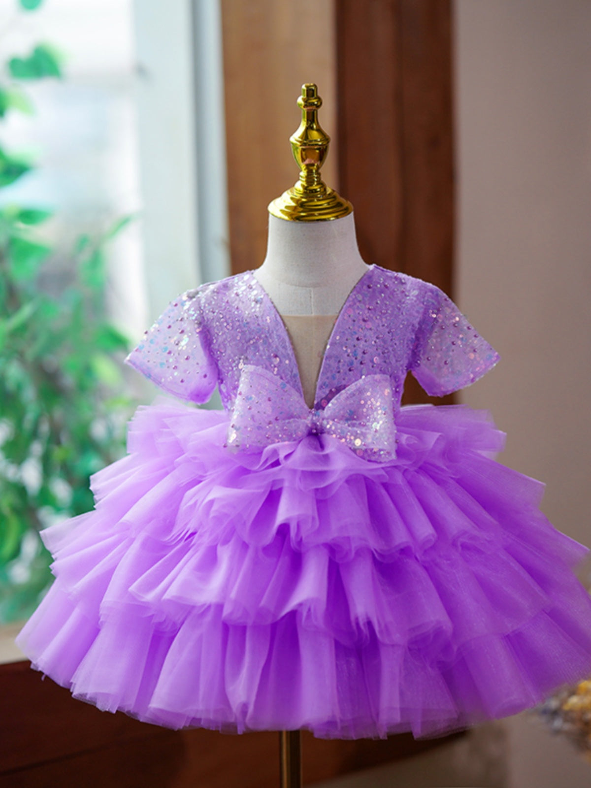 Purple Sequin Princess Dress for Girls – Knee-Length Fluffy Birthday Party Outfit