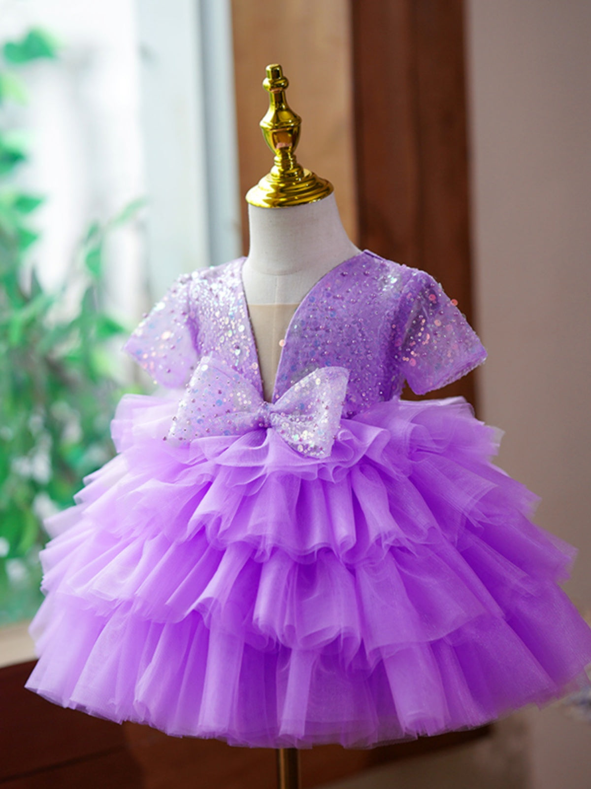 Purple Sequin Princess Dress for Girls – Knee-Length Fluffy Birthday Party Outfit