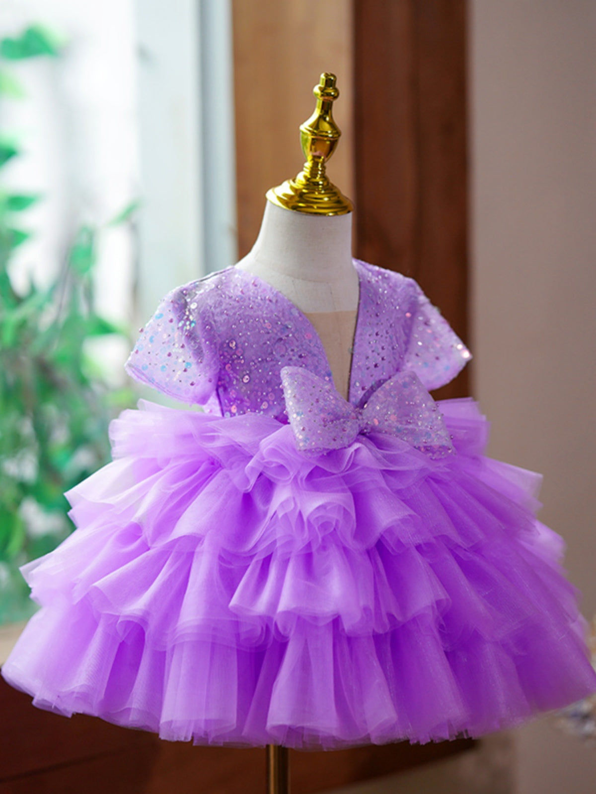 Purple Sequin Princess Dress for Girls – Knee-Length Fluffy Birthday Party Outfit