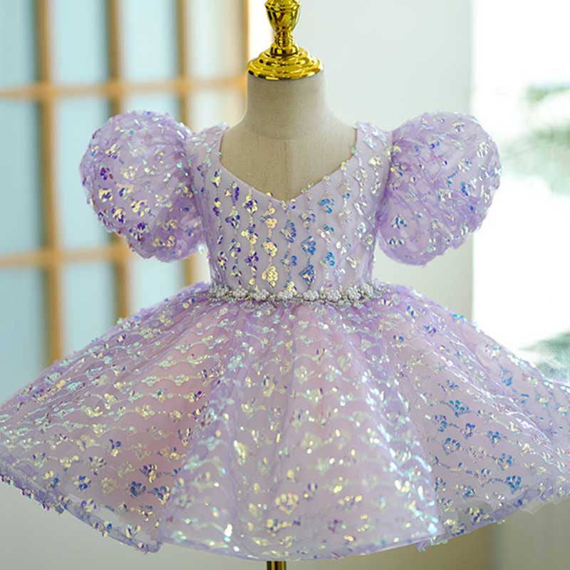Girls' Purple V-Neck Sequin Princess Dress – Birthday & Special Occasion Outfit