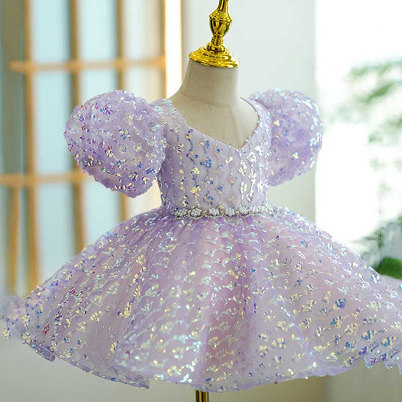 Girls' Purple V-Neck Sequin Princess Dress – Birthday & Special Occasion Outfit