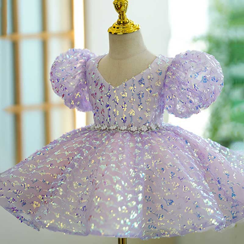 Girls' Purple V-Neck Sequin Princess Dress – Birthday & Special Occasion Outfit