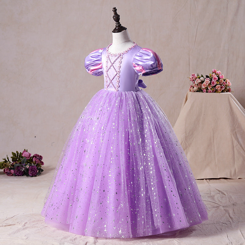 Purple Sequin Princess Flower Girl Dress Short Puff Sleeve Floor