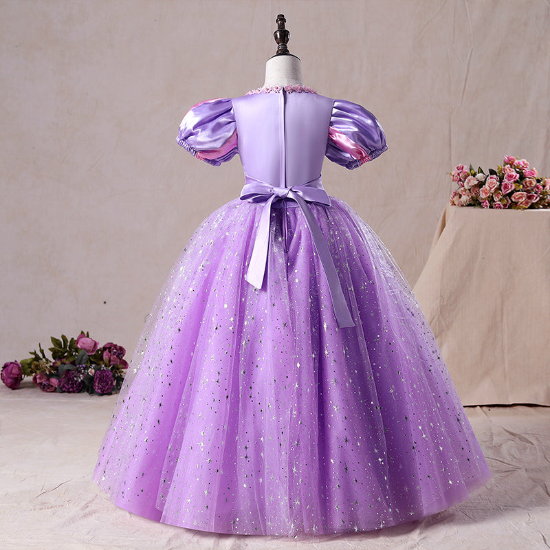 Purple Sequin Princess Flower Girl Dress Short Puff Sleeve Floor