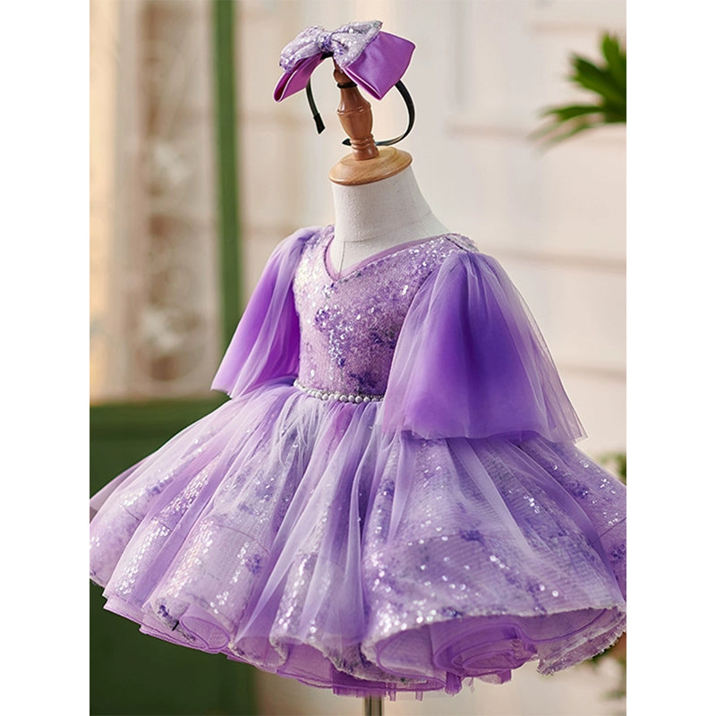 Purple Sequined Ball Gown for Girls – Knee-Length Princess Dress