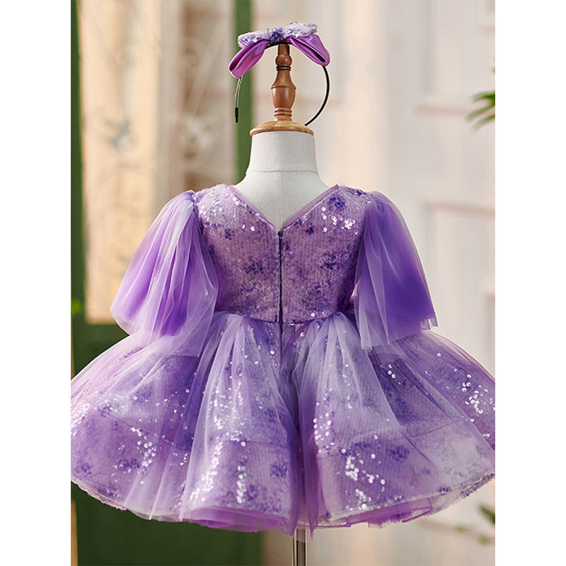 Purple Sequined Ball Gown for Girls – Knee-Length Princess Dress