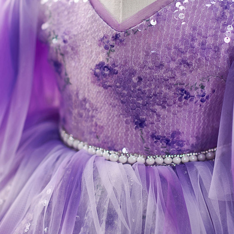 Purple Sequined Ball Gown for Girls – Knee-Length Princess Dress