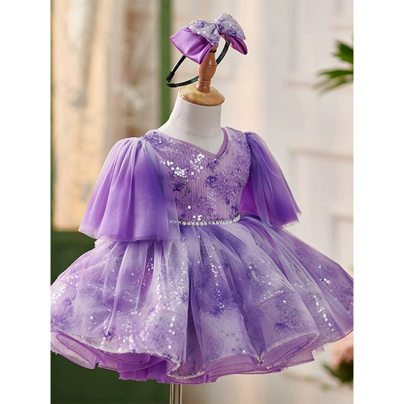 Purple Sequined Ball Gown for Girls – Knee-Length Princess Dress