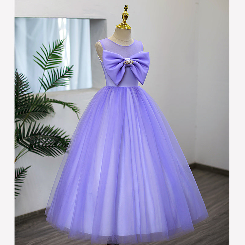 Purple Tulle A-Line Flower Girl Dress Bow Pleated Floor